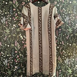 Vintage 60s 70s Brown and Cream Floral Stripe Shift Dress with Flutter Sleeves